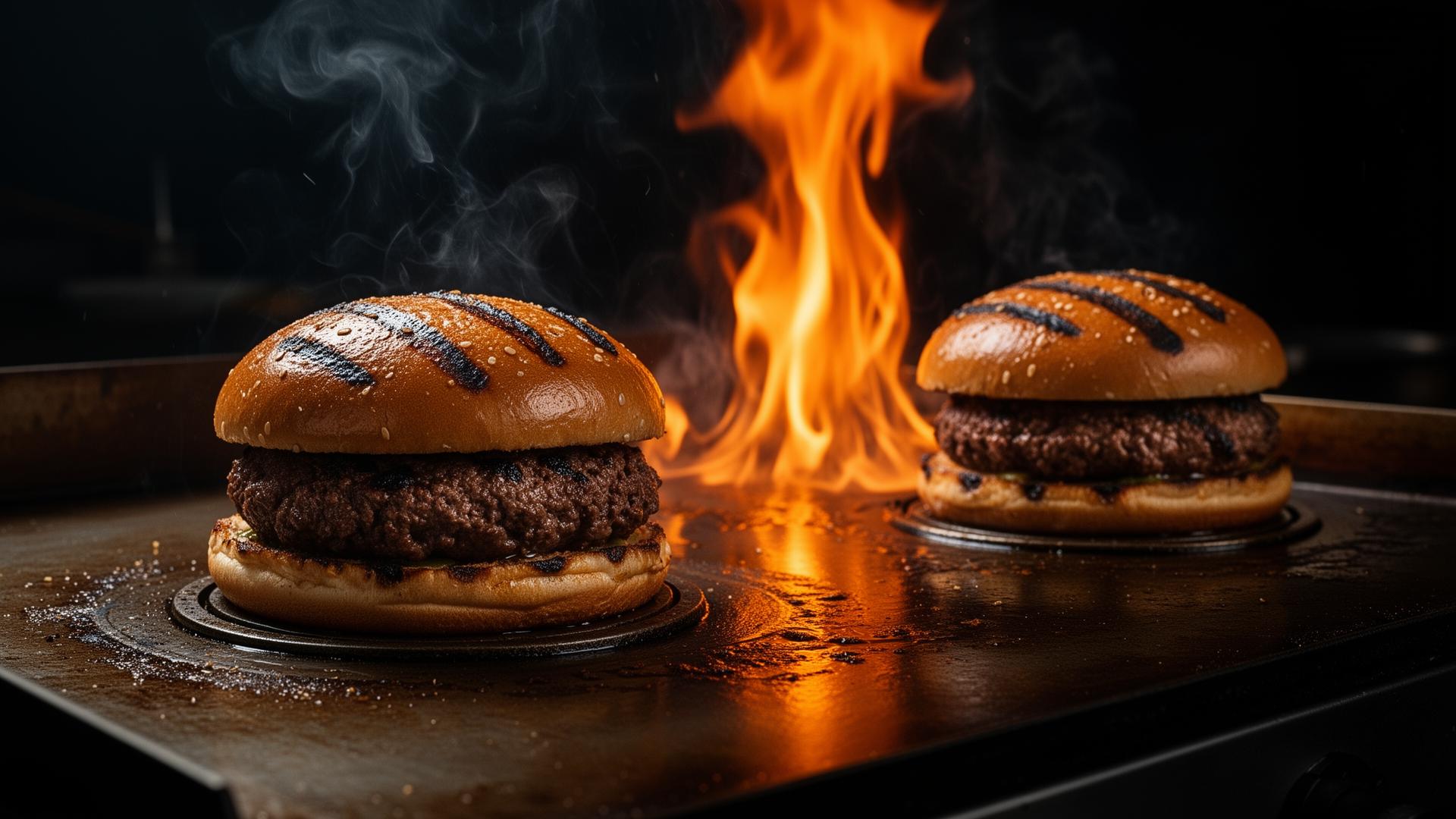 Smash burgers grilling on a flat-top with flames